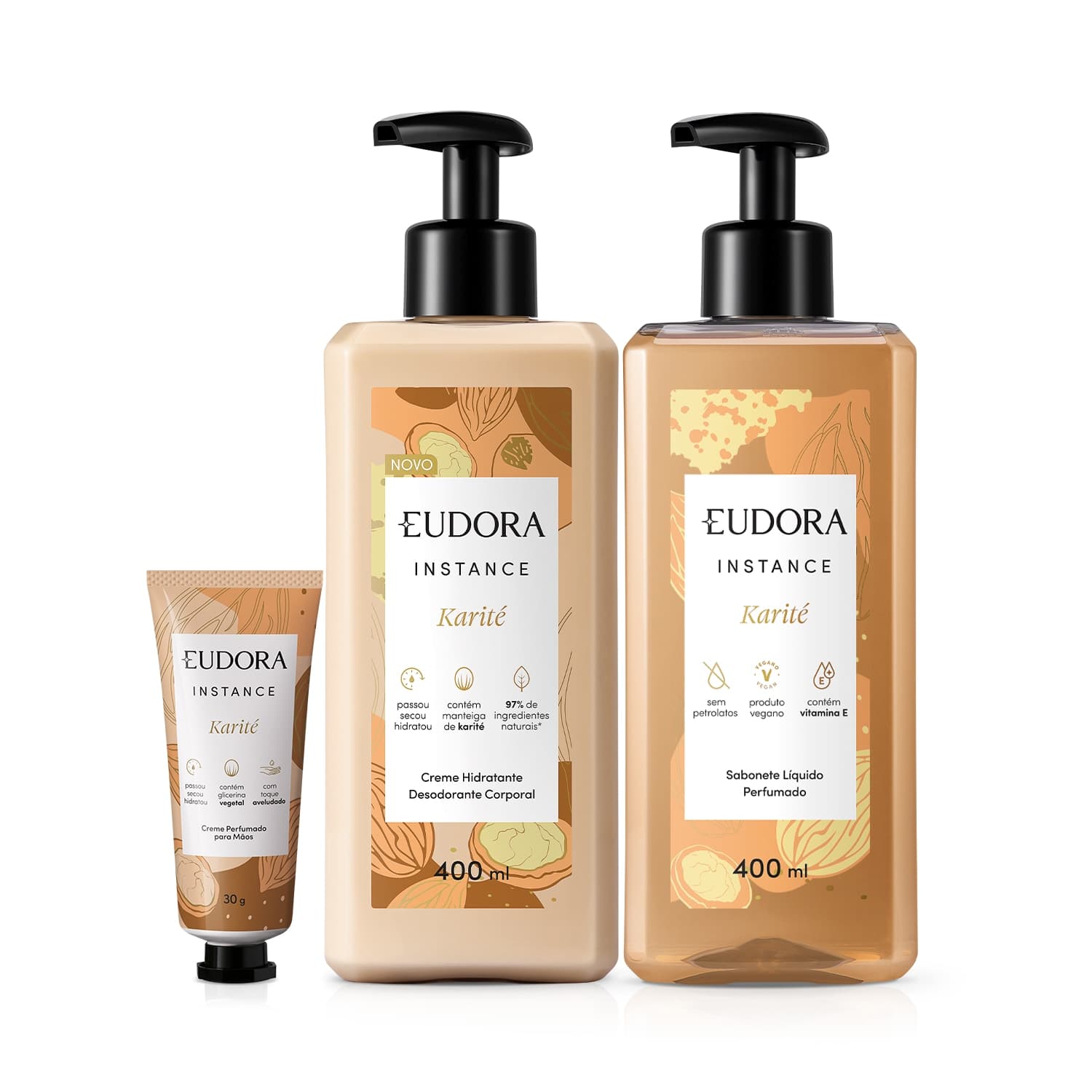 Combo Instance Karité: Loção Corporal 400ml + Sabonete Líquido 400ml + Creme de Mãos 30g