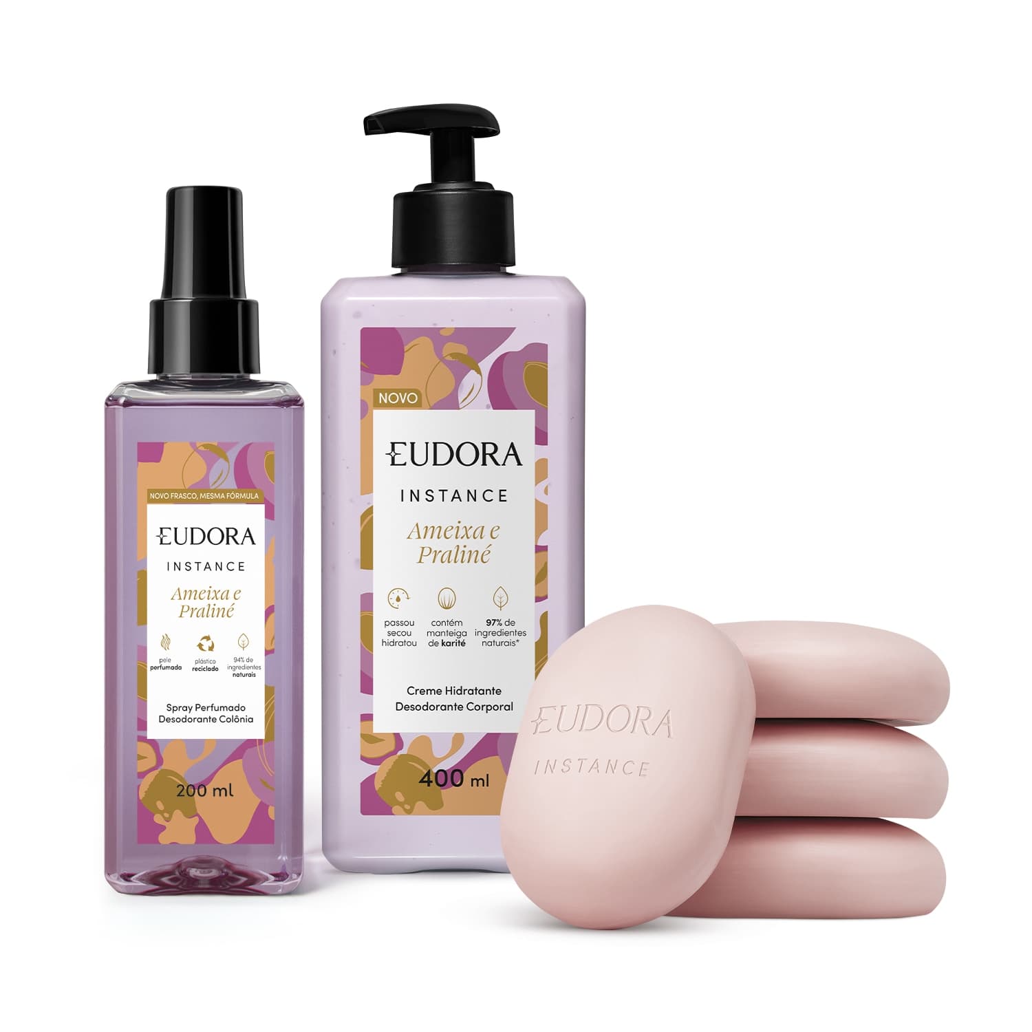 Combo Instance Ameixa e Praliné: Sabonete em Barra Perfumado 4x80g + Creme Corporal 400ml + Spray Perfumado 200ml