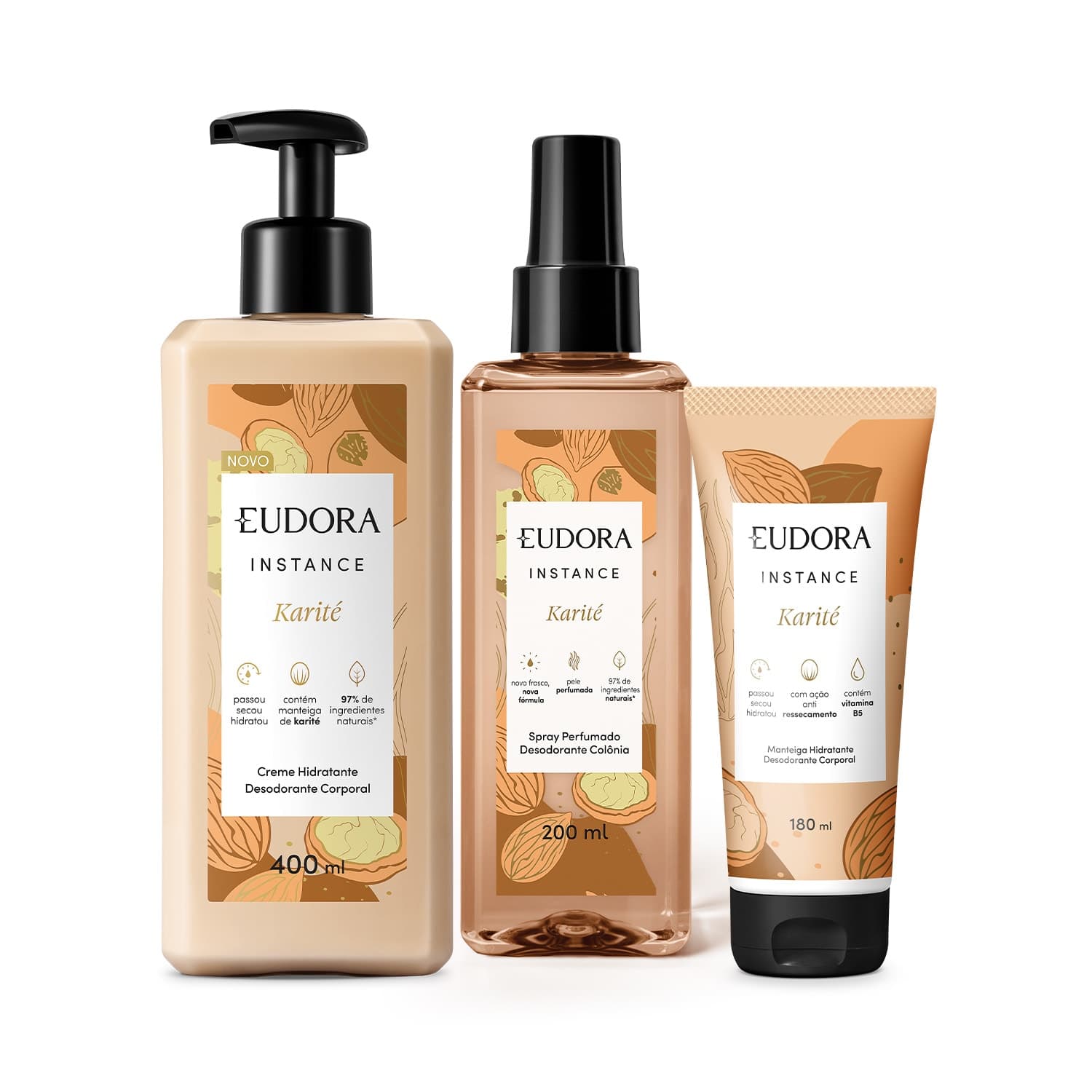Combo Instance Karité: Manteiga Hidratante Desodorante Corporal 180ml + Spray Perfumado Desodorante Colônia 200ml + Creme Hidratante Desodorante 400ml