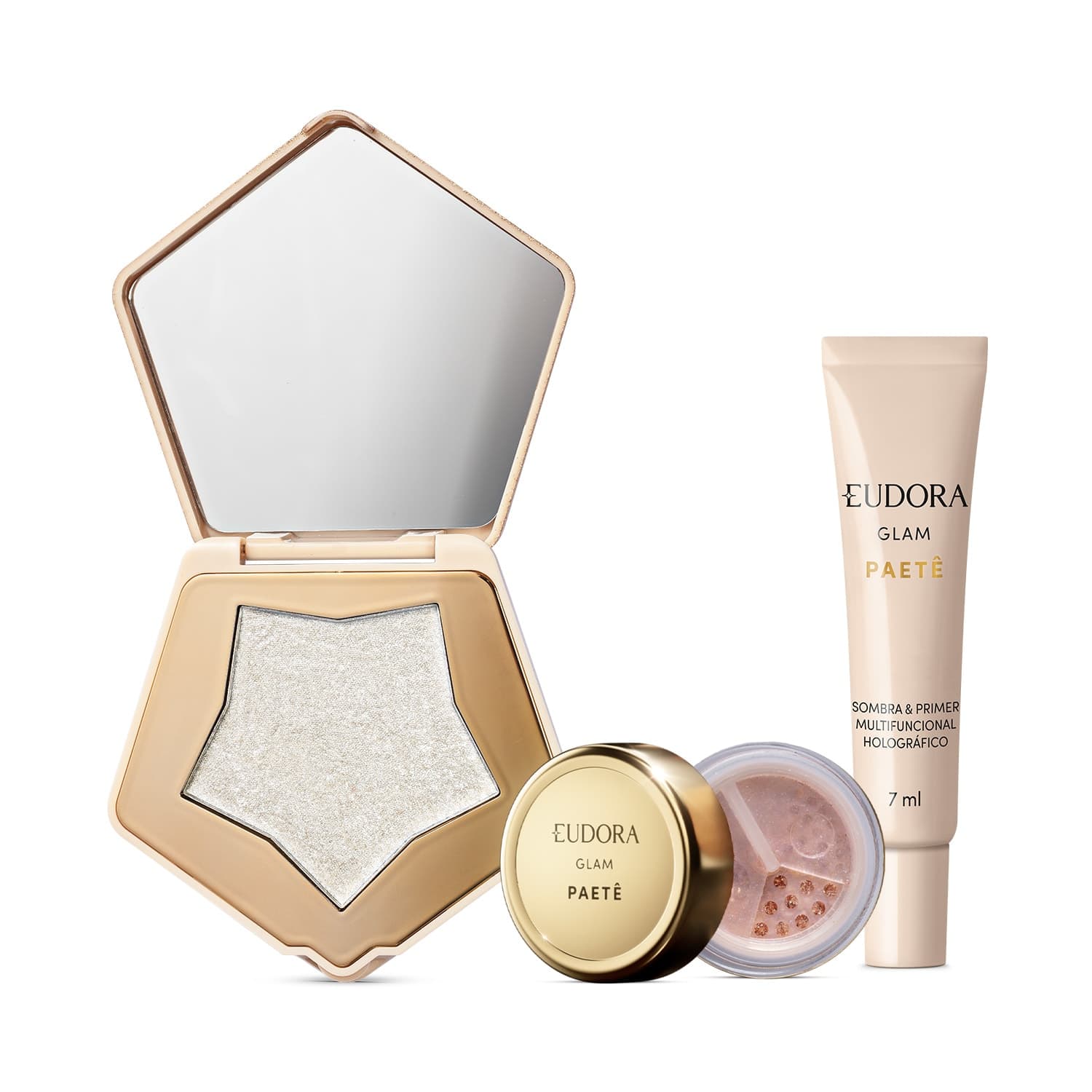 Combo Glam Paetê: Iluminador Multifuncional 5g + Glitter Multifuncional Rosê 1g + Sombra & Primer 7ml