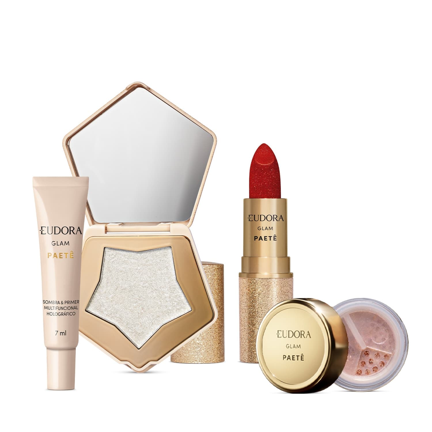 Combo Glam Paetê: Iluminador Multifuncional 5g + Glitter Multifuncional Rosê 1g + Sombra & Primer 7ml + Batom Cremoso Vermelho 3g