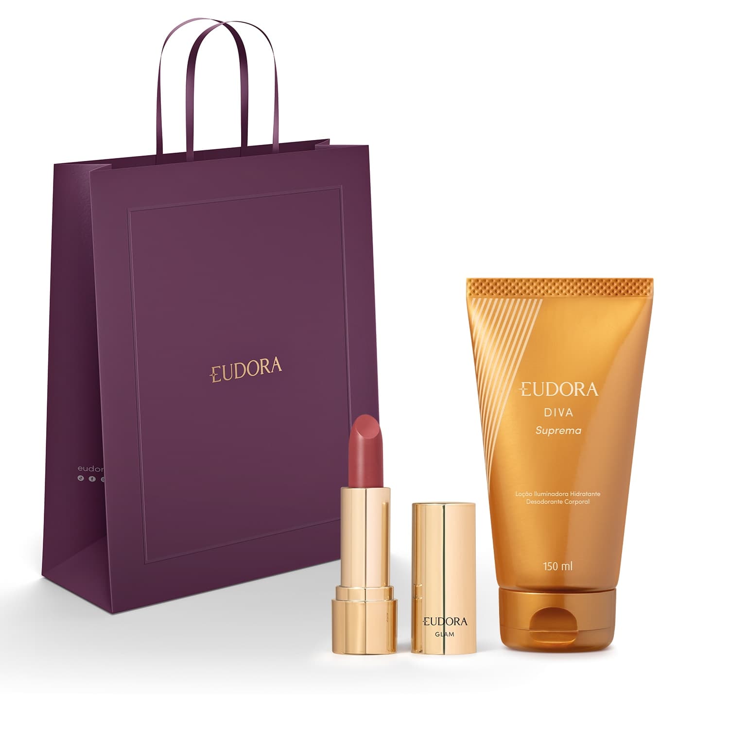 Combo Dia das Mães Diva Suprema: Loção Iluminadora 150ml + Batom Cremoso Rose Diva 3,6g + Sacola Tamanho M