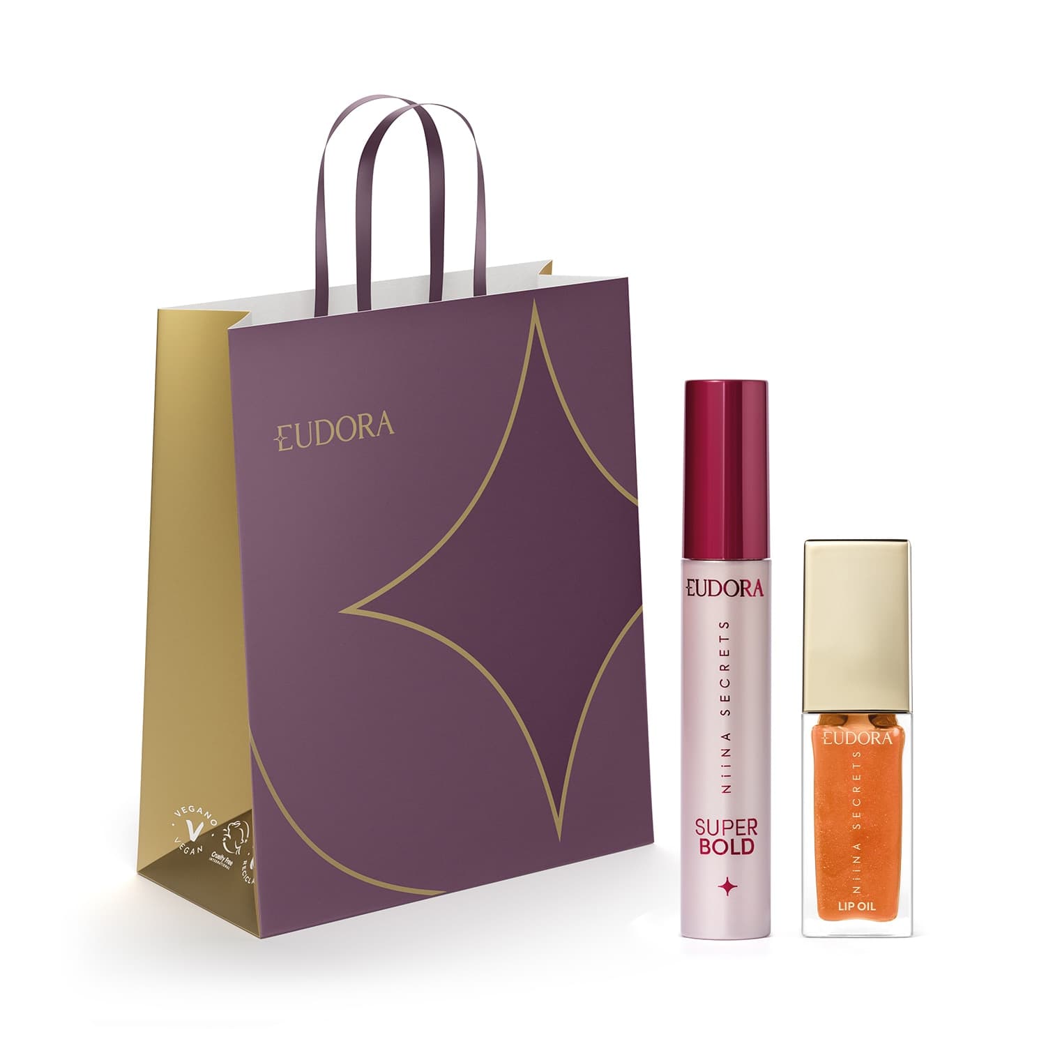 Combo Niina Secrets: Máscara de Cílios Super Bold 10g + Lip Oil Shine Flowers 7ml + Sacola de Presente P