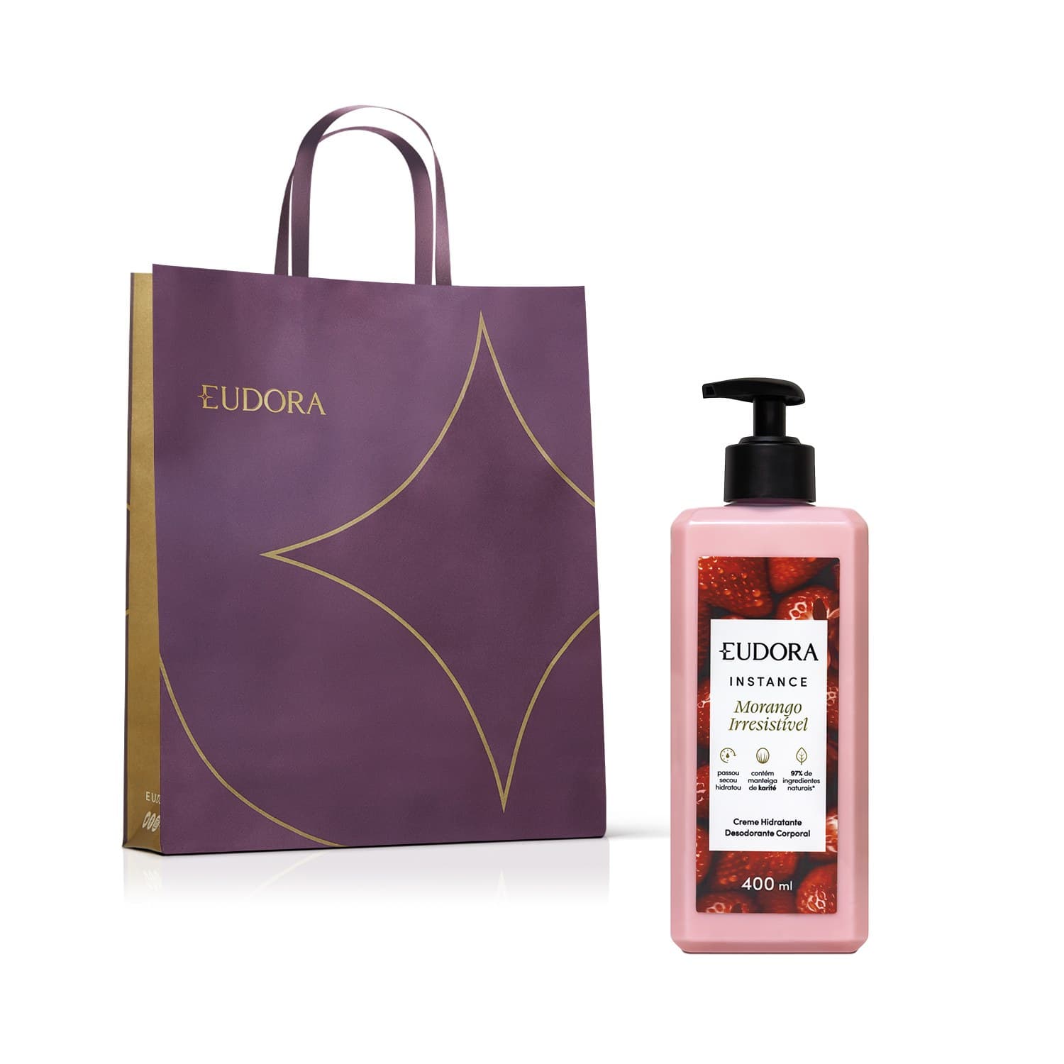 Combo Instance Morango Irresistível: Creme Hidratante Desodorante Corporal 400ml + Sacola M