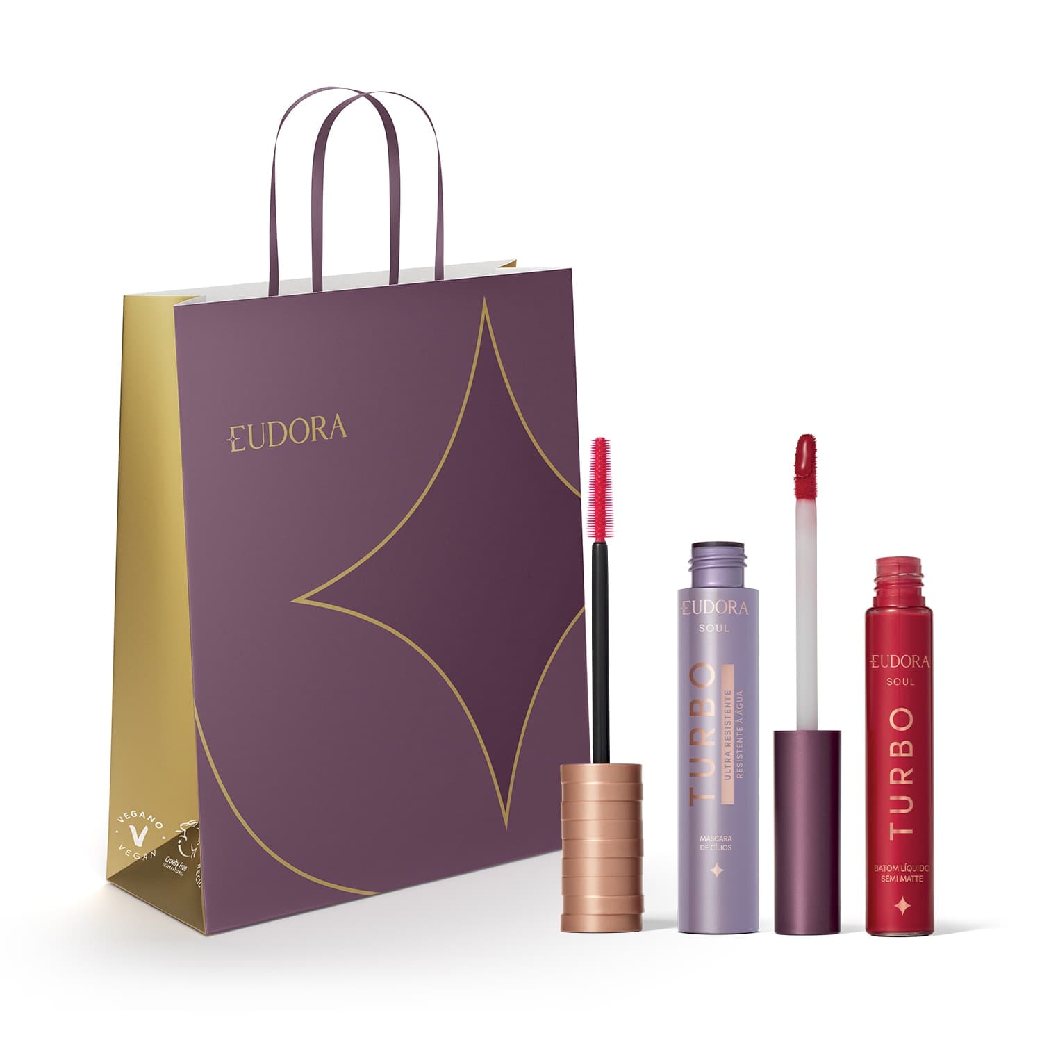 Combo SOUL Turbo: Máscara Cílios Ultra Resistente 10g + Batom Líquido Vermelho Semi Mate 5ml + Sacola M