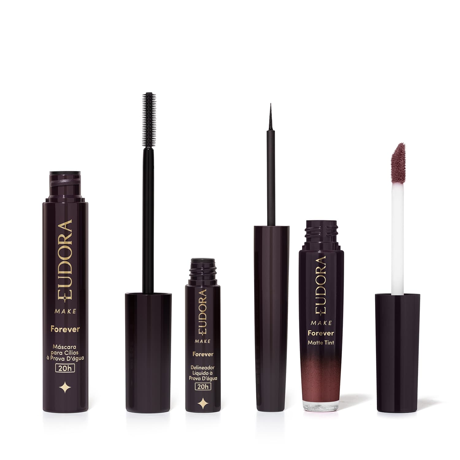 Combo Eudora Make: Máscara Cílios Forever 8g + Delineador Líquido Forever 3ml + Batom Líquido Matte Tint Rose Vintage 4ml