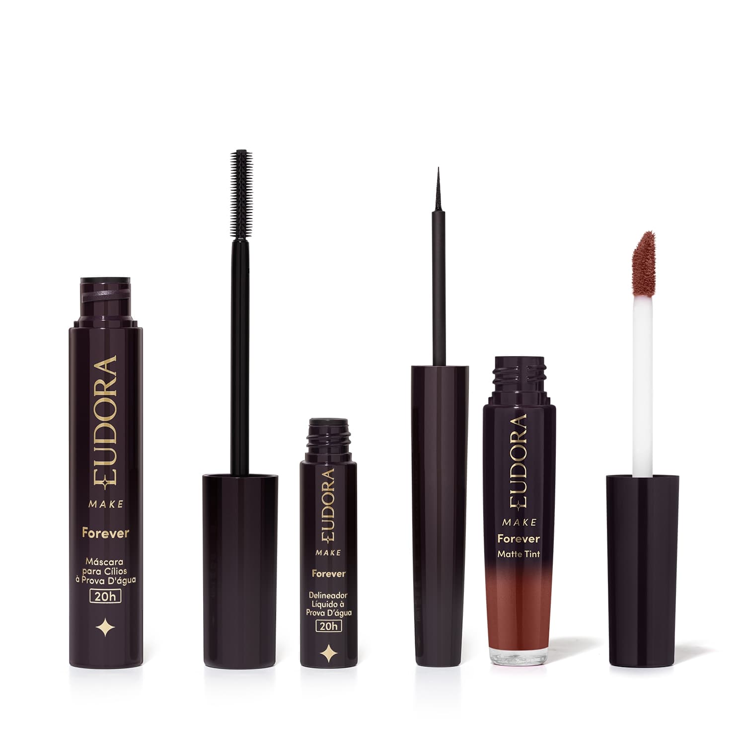Combo Eudora Make: Máscara Cílios Forever 8g + Delineador Líquido Forever 3ml + Batom Líquido Nude Icônico 4ml