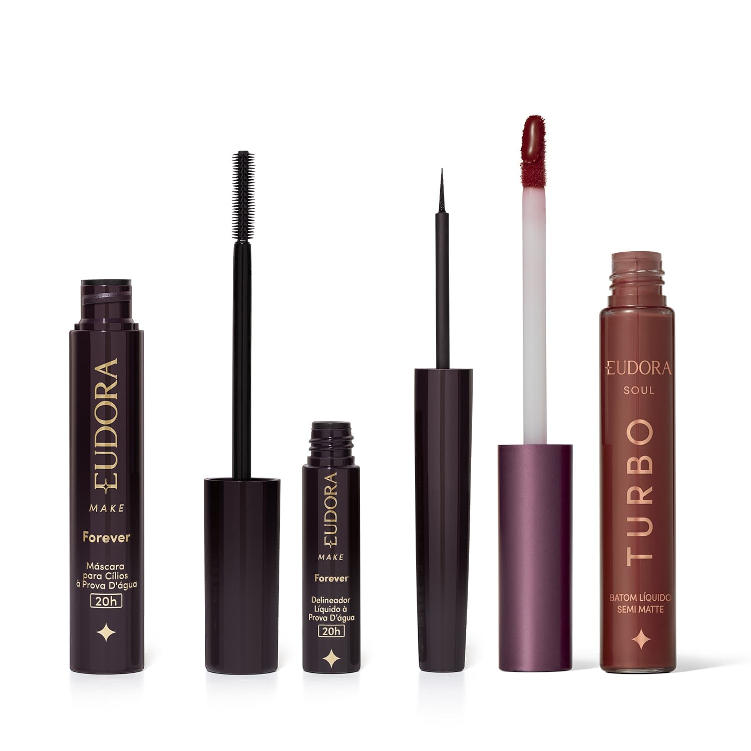 Combo Eudora Make: Batom Líquido Rosa Pink Turbinado 5ml + Máscara Cílios Forever 8g + Delineador Líquido Forever 3ml