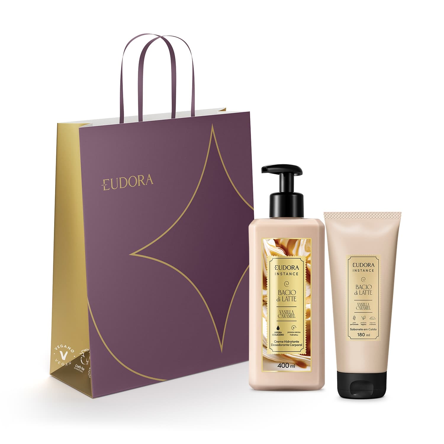 Combo Presente Instance Vanilla Caramel: Creme Corporal 400ml + Sabonete Em Calda Instance Vanilla Caramel 180ml + Sacola