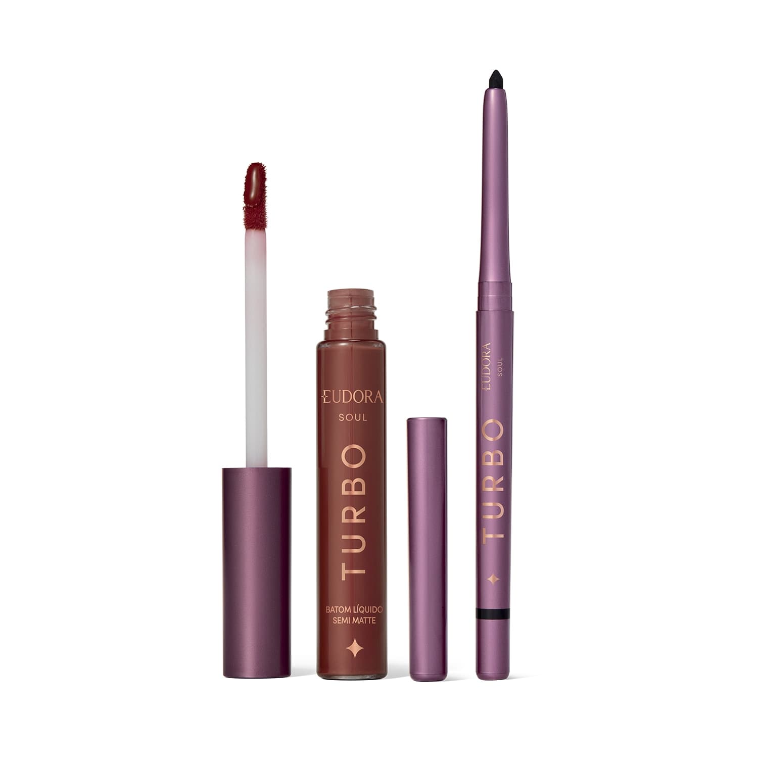 Combo Eudora Make: Batom Líquido Marrom Turbo Soul 5ml + Lapiseira Retrátil Para Olhos Preta Turbo Soul 350mg
